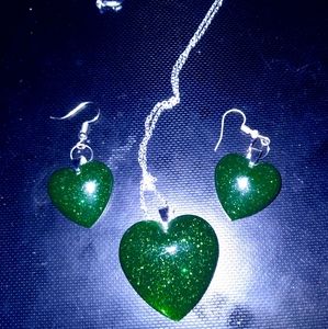 Emerald green heart earrings and necklace